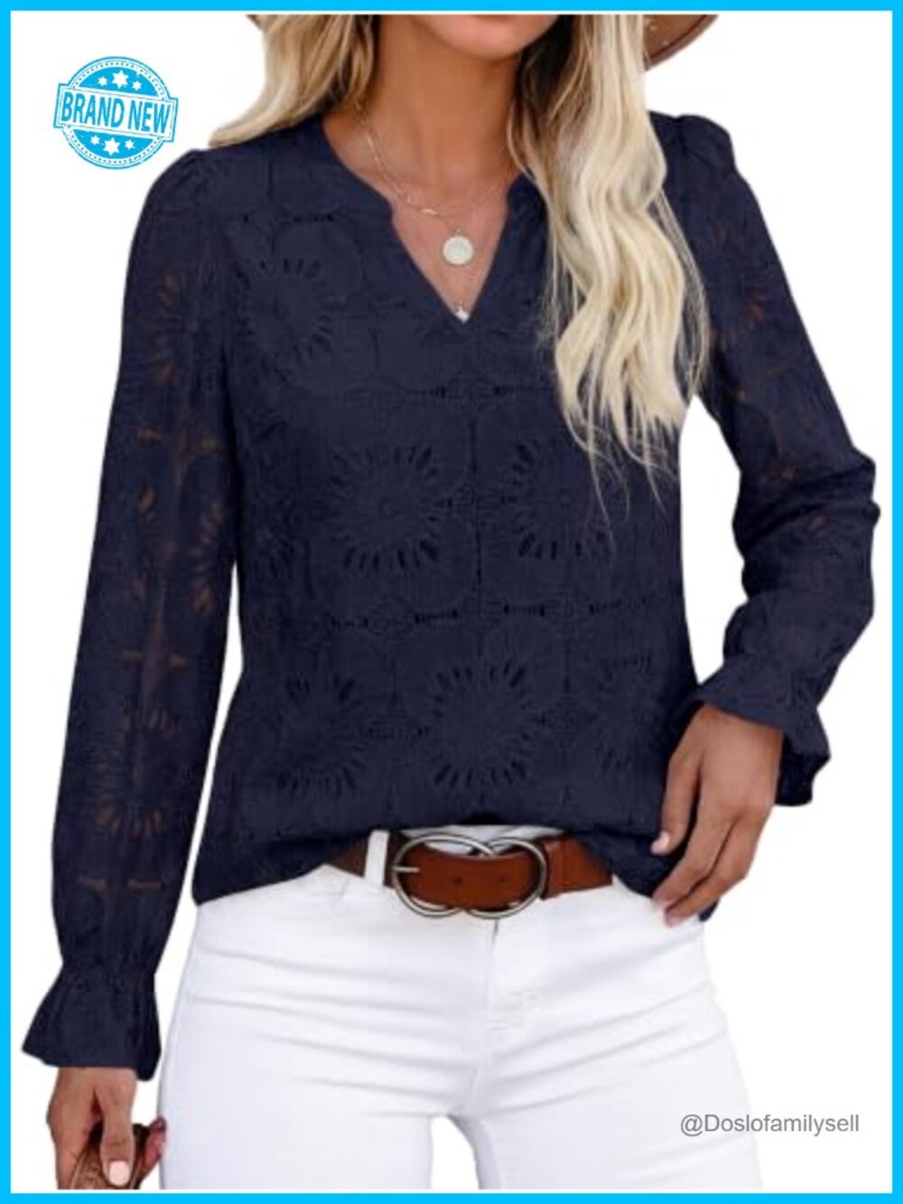 Eyelet Lace Crochet Blouse V-Neck Ruffle Puff Sleeve Dressy Casual Top